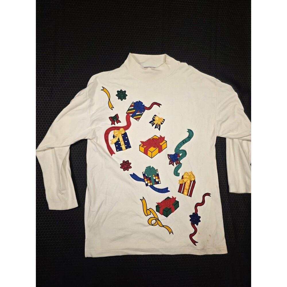 West Bond Vintage Christmas white long-sleeve top with colorful holiday embroide